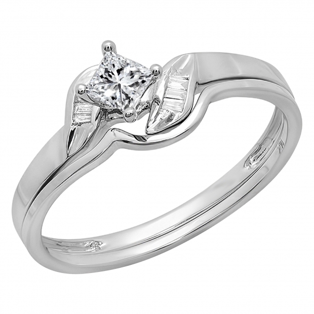 0.30 Carat (ctw) 14k White Gold Princess & Baguette Cut Diamond Ladies Bridal Engagement Ring Matching Band Set 1/3 CT