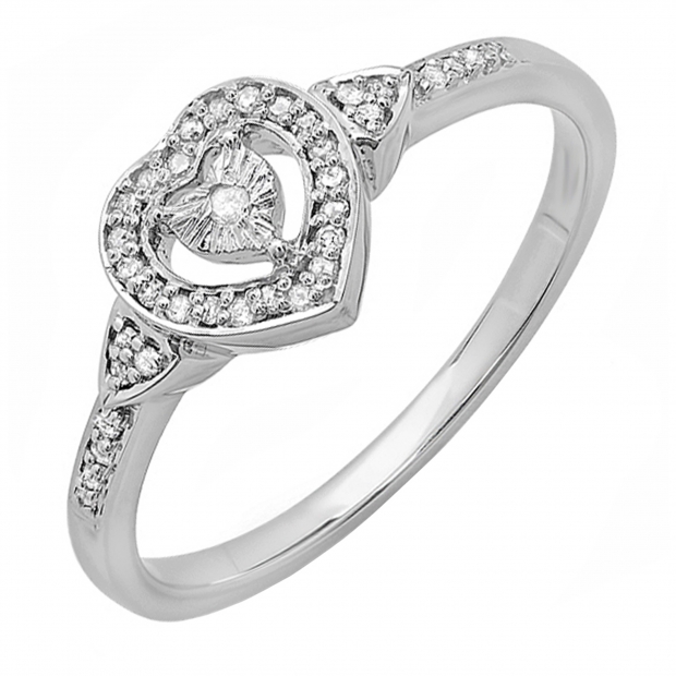 0.15 Carat (ctw) 10K White Gold Round White Diamond Ladies Bridal Heart Shaped Promise Ring