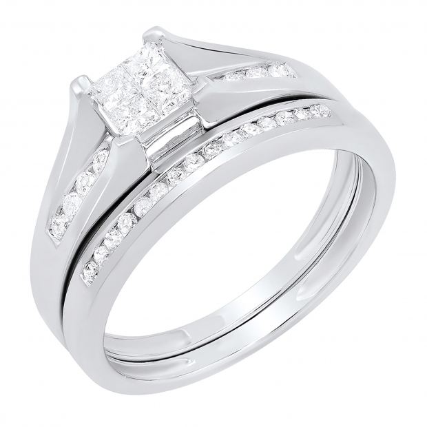 0.50 Carat (ctw) 10k White Gold Princess & Round Diamond Ladies Bridal Engagement Ring Set Matching Band 1/2 CT