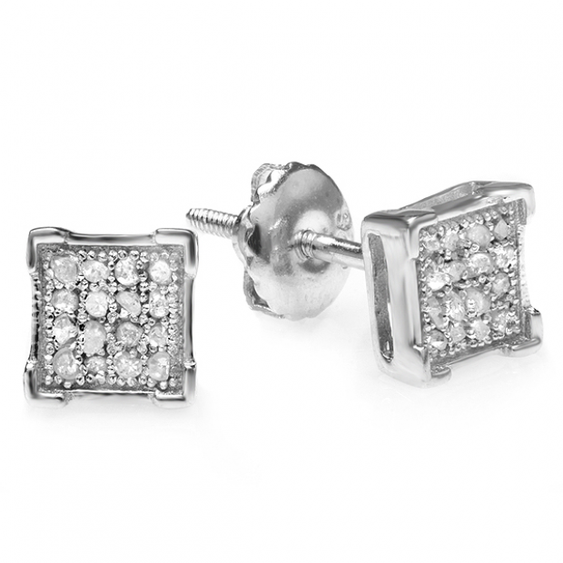 0.05 Carat (ctw) Platinum Plated Sterling Silver Round Diamond V Prong Square Shape Men