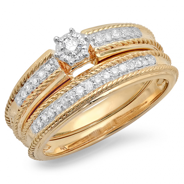 0.30 Carat (ctw) 14k Yellow Gold Round Diamond Ladies Bridal Engagement Ring Matching Band Set 1/3 CT