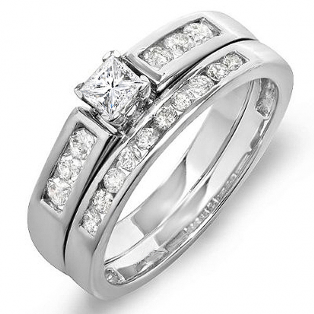 0.60 Carat (ctw) 14k White Gold Princess & Round Diamond Ladies Bridal Engagement Ring Set With Matching Band