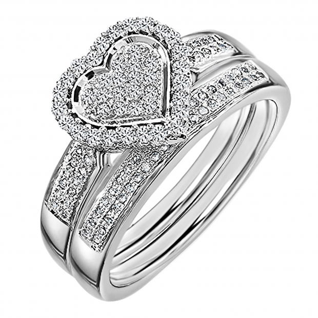 0.38 Carat (ctw) 10k White Gold Round Diamond Ladies Bridal Heart Shape Engagement Ring Set With Matching Band