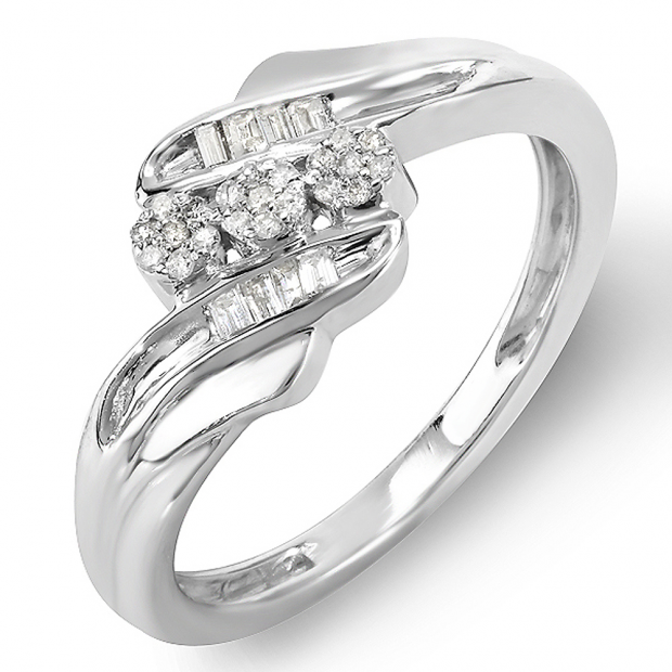 0.16 Carat (ctw) Sterling Silver Round & Baguette Diamond Ladies 3 Stone Concept Cocktail Right Hand Promise Ring 1/6 CT