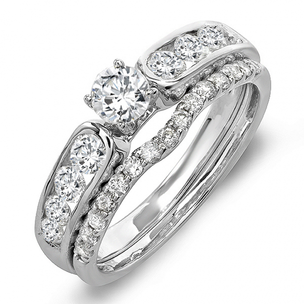 0.95 Carat (ctw) 14k White Gold Round Diamond Ladies Bridal Engagement Ring With Matching Band Set 1 CT