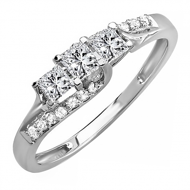 0.48 Carat (ctw) 18k White Gold Princess & Round Diamond Ladies Bridal 3 Stone Swirl Wave Engagement Ring 1/2 CT