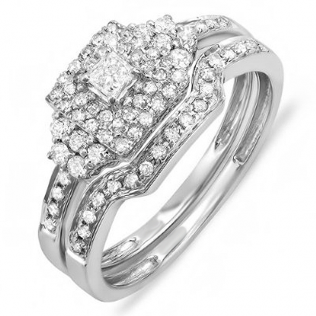 0.55 Carat (ctw) 10k White Gold Princess & Round Diamond Ladies Bridal Engagement Ring Set with Matching Band 1/2 CT