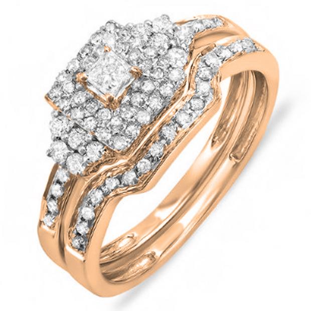 0.55 Carat (ctw) 14K Rose Gold Princess & Round Diamond Ladies Bridal Engagement Ring Set with Matching Band 1/2 CT