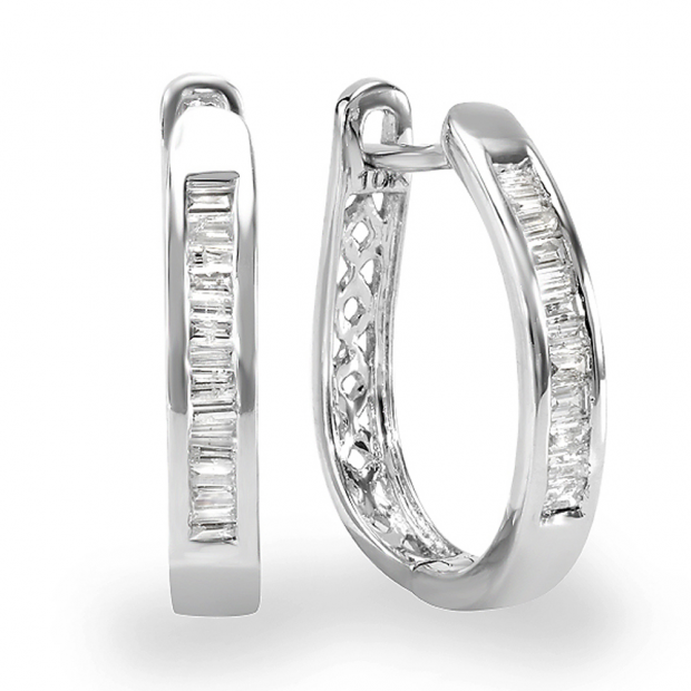 0.20 Carat (ctw) 10K White Gold Baguette Cut Diamond Ladies Hoop Earrings 1/5 CT