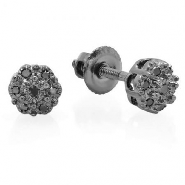 0.07 Carat (ctw) 10K White Gold Round Black Diamond Ladies Cluster Flower Stud Earrings