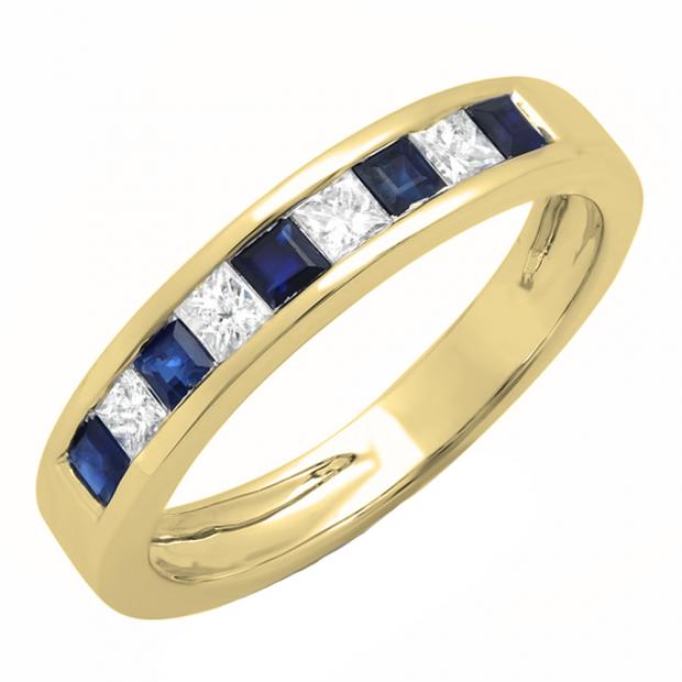 0.75 Carat (ctw) 14K Yellow Gold Princess Cut Blue Sapphire & White Diamond Ladies Anniversary Wedding Band Stackable Ring 3/4 CT