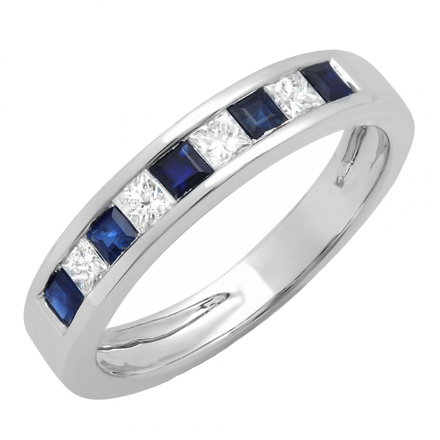 Alternate Princess Blue Sapphire & White Diamond Channel Set Wedding Band for Women in 10k White Gold