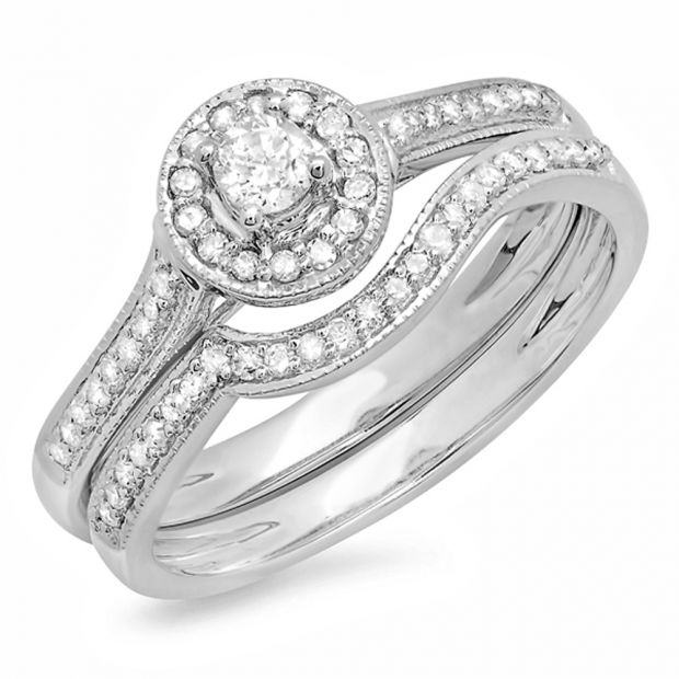 0.40 Carat (ctw) 14k White Gold Round Diamond Ladies Halo Style Bridal Engagement Ring Set