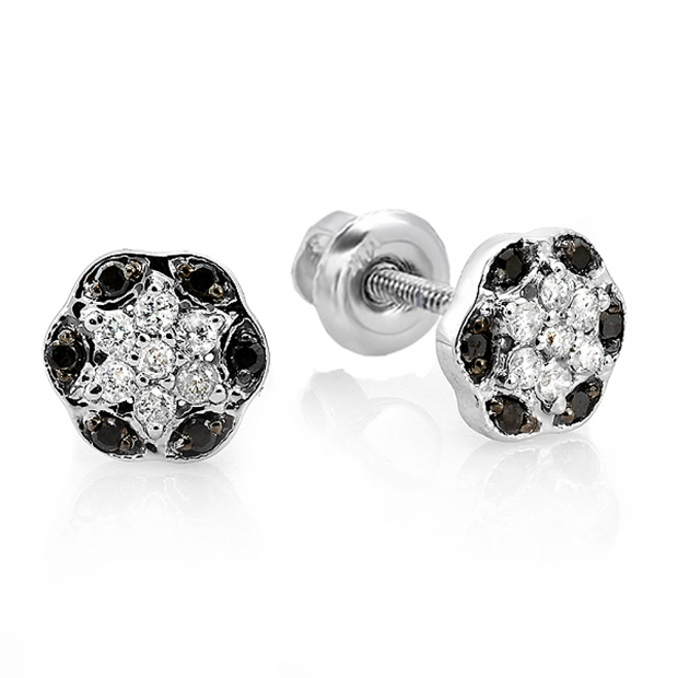 0.22 Carat (ctw) 10K White Gold Round Black and White Diamond Ladies Two Tone Flower Fine Cluster Stud Earrings 1/4 CT