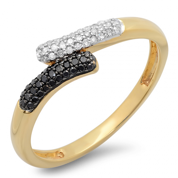 0.20 Carat (ctw) 14K Yellow Gold Round Black & White Diamond Ladies Bypass Style Cocktail Right Hand Ring 1/5 CT