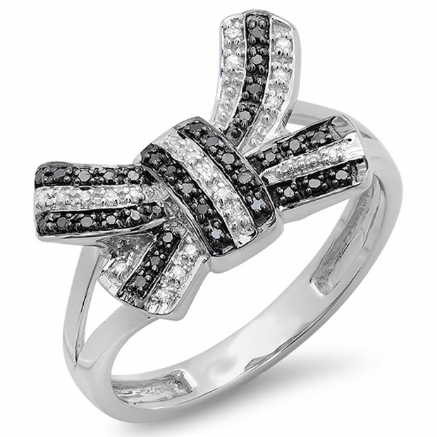 0.15 Carat (ctw) 10K White Gold Round Black & White Diamond Ladies Split Shank Cocktail Bow Ring