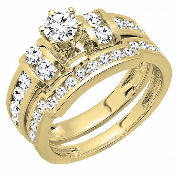 3.60 Carat (ctw) 14K Yellow Gold Round Cubic Zirconia Ladies Bridal Engagement Ring Band Set