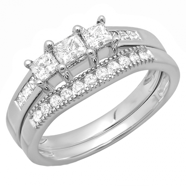 0.80 Carat (ctw) 14k White Gold Princess & Round Diamond Ladies 3 Stone Engagement Bridal Ring Set Matching Band