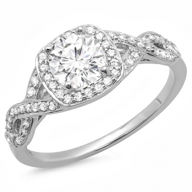 1.00 Carat (ctw) 14K White Gold Round White Diamond Ladies Swirl Split Shank Halo Engagement Ring 1 CT