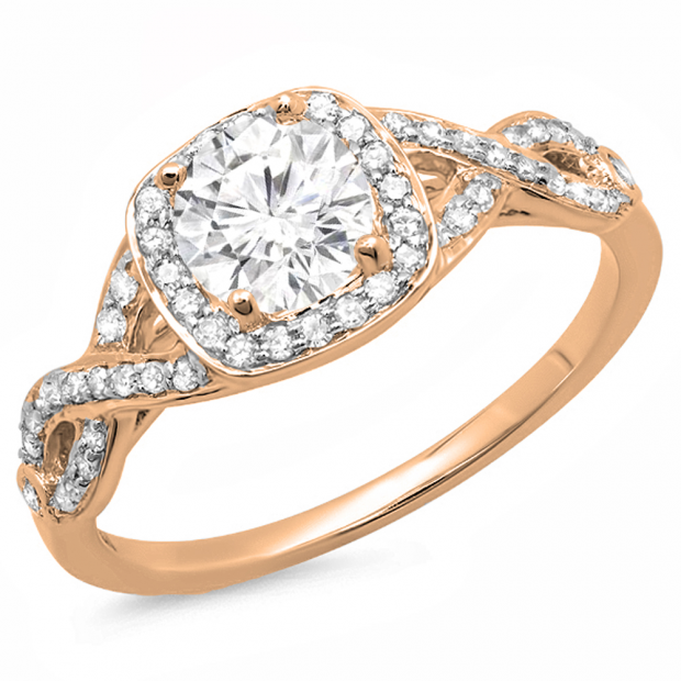1.00 Carat (ctw) 18K Rose Gold Round White Diamond Ladies Swirl Split Shank Halo Engagement Ring 1 CT