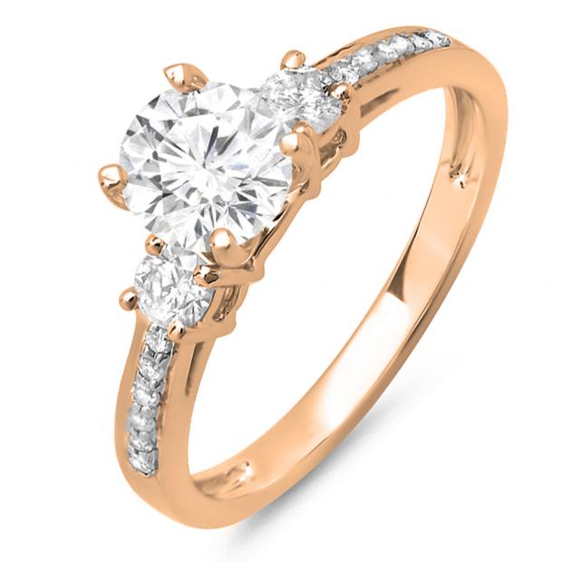 1.33 Carat (ctw) 10K Rose Gold Round White Diamond Ladies Bridal 3 Stone Engagement Ring