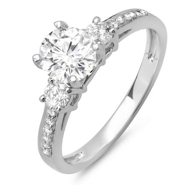 1.33 Carat (ctw) 14K White Gold Round White Diamond Ladies Bridal 3 Stone Engagement Ring