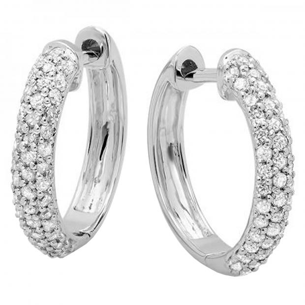 0.50 Carat (ctw) 18K White Gold Round Diamond Ladies Pave Set Huggies Hoop Earrings 1/2 CT