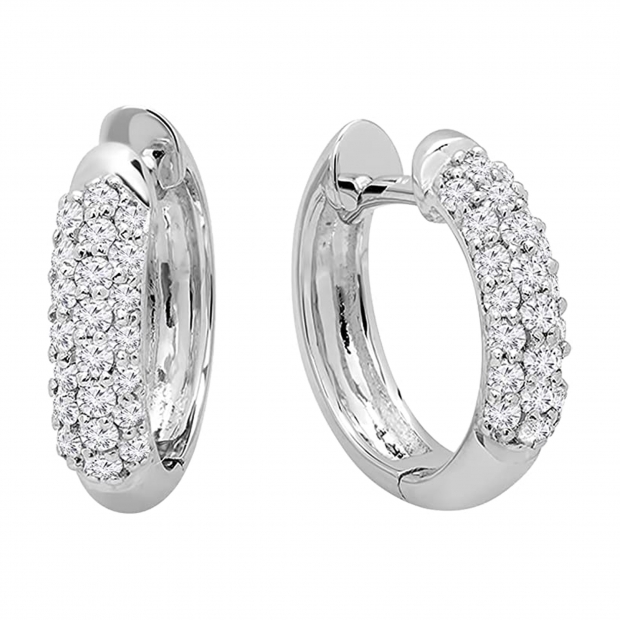 0.30 Carat (ctw) 14k White Gold Round Diamond Ladies Pave Set Huggies Hoop Earrings 1/3 CT