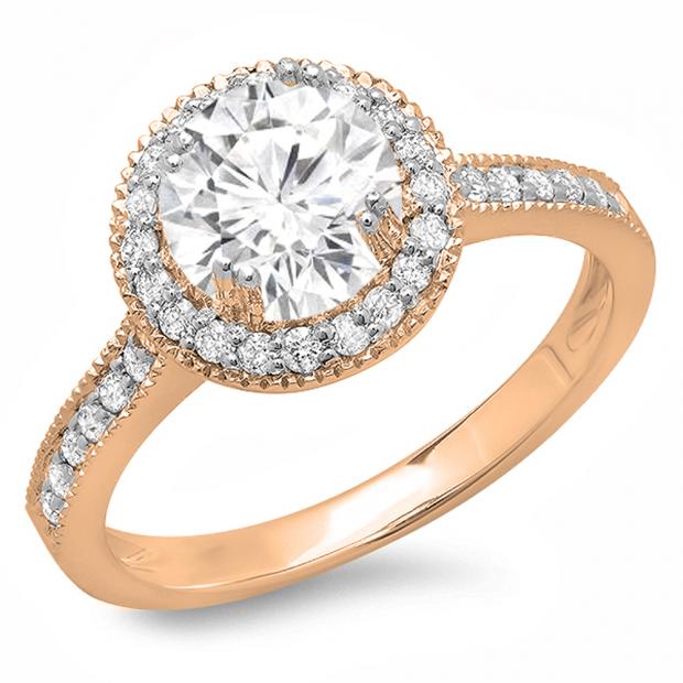 1.15 Carat (ctw) 14K Rose Gold Round White Diamond Ladies Bridal Halo Style Engagement Ring