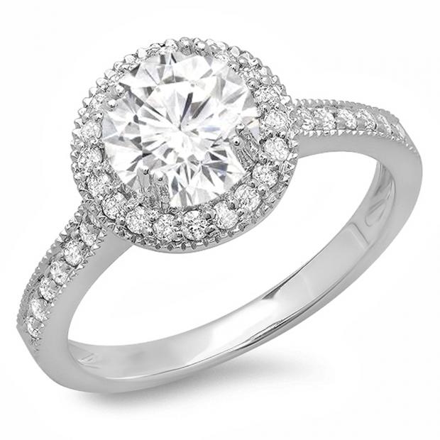 1.15 Carat (ctw) 14K White Gold Round White Diamond Ladies Bridal Halo Style Engagement Ring