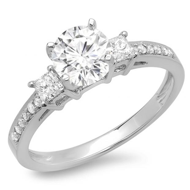 1.35 Carat (ctw) 14K White Gold Princess & Round Diamond Ladies Bridal 3 Stone Engagement Ring