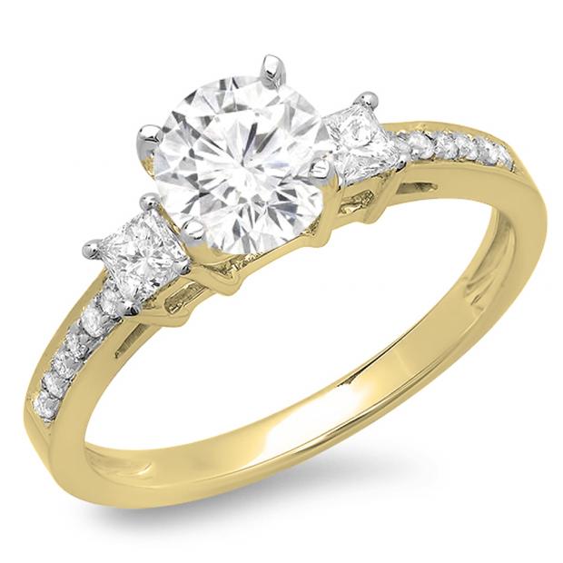 1.35 Carat (ctw) 14K Yellow Gold Princess & Round Diamond Ladies Bridal 3 Stone Engagement Ring