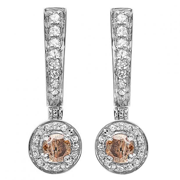 0.50 Carat (ctw) 14k White Gold Round Champagne & White Diamond Ladies Fine Dangling Drop Earrings 1/2 CT