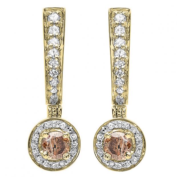 0.50 Carat (ctw) 18k Yellow Gold Round Champagne & White Diamond Ladies Fine Dangling Drop Earrings 1/2 CT