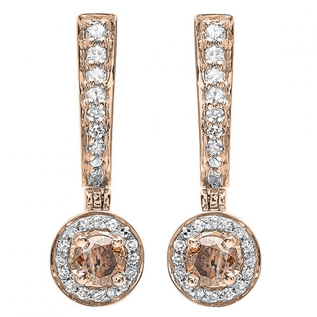 0.50 Carat (ctw) 14k Rose Gold Round Champagne & White Diamond Ladies Fine Dangling Drop Earrings 1/2 CT