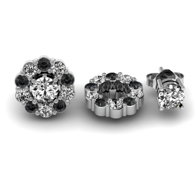 0.65 Carat (ctw) 14k White Gold Round Black & White Diamond Cluster Flower Shape Removable Jackets for Stud Earrings