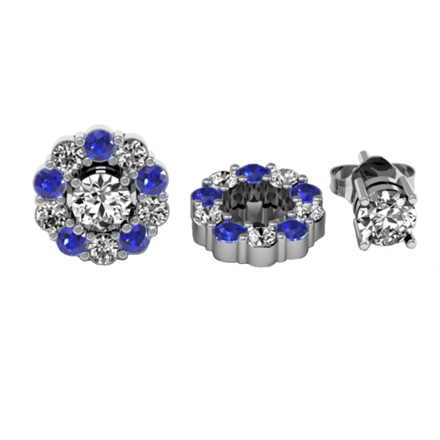 0.65 Carat (ctw) 14k White Gold Round Blue Sapphire and White Diamond Cluster Flower Shape Removable Jackets for Stud Earrings