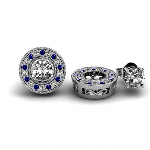 0.20 Carat (ctw) 14k White Gold Round Blue Sapphire And White Diamond Removable Jackets for Stud Earrings 1/5 CT