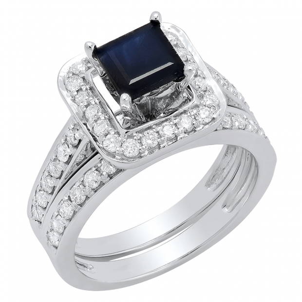 2.35 Carat (ctw) 14k White Gold Princess Cut Blue Sapphire and Round White Diamond Ladies Bridal Halo Style Engagement Ring Set With Matching Band 2 1/3 CT