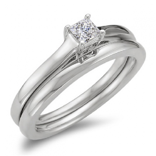 0.30 Carat (ctw) 14k White Gold Princess Cut Diamond Ladies Bridal Solitaire Engagement Ring Set With Matching Band 1/3 CT