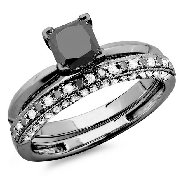 1.50 Carat (ctw) Black Rhodium Plated 10K White Gold Princess & Round Cut Black Diamond Ladies Bridal Solitaire Engagement Ring With Matching Milgrain Wedding Band Set 1 1/2 CT