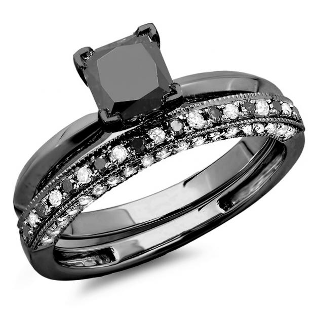 1.50 Carat (ctw) Black Rhodium Plated 18K White Gold Princess Cut Black & Round White Diamond Ladies Bridal Solitaire Engagement Ring With Matching Milgrain Wedding Band Set 1 1/2 CT