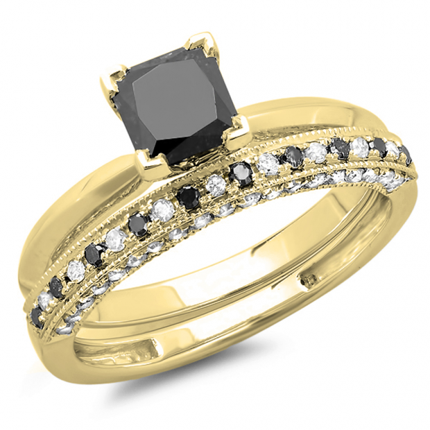 1.50 Carat (ctw) 14K Yellow Gold Princess Cut Black & Round White Diamond Ladies Bridal Solitaire Engagement Ring With Matching Milgrain Wedding Band Set 1 1/2 CT