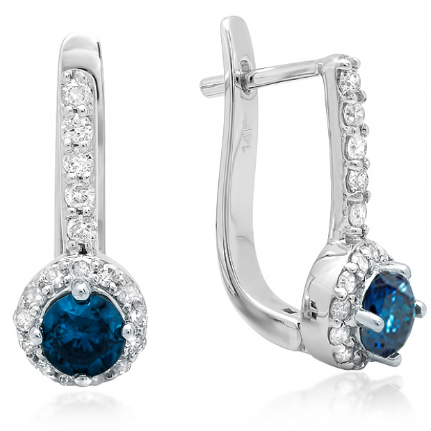 1.00 Carat (ctw) 14K White Gold Round Blue & White Diamond Ladies Fine Halo Hoop Earrings 1 CT