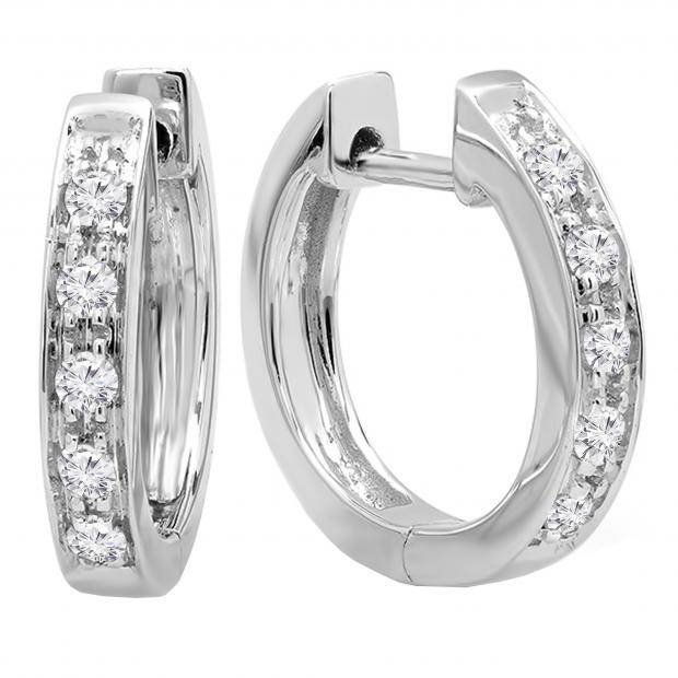 0.15 Carat (ctw) Round White Diamond Single Row Hoop Earrings in 10K White Gold