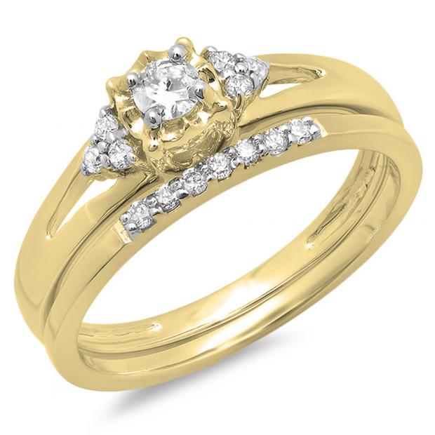 0.30 Carat (ctw) 10K Yellow Gold Round Diamond Ladies Split Shank Bridal Engagement Ring Set With Matching Band 1/3 CT