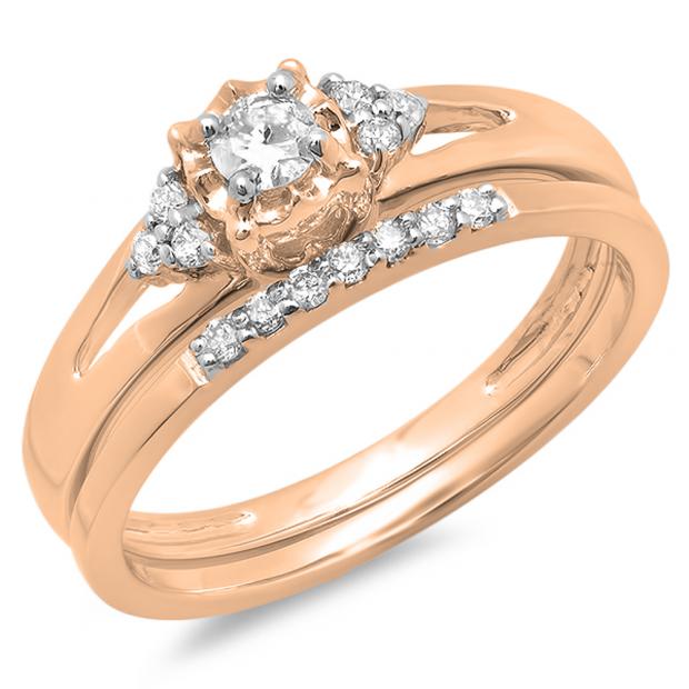 0.30 Carat (ctw) 14K Rose Gold Round Diamond Ladies Split Shank Bridal Engagement Ring Set With Matching Band 1/3 CT