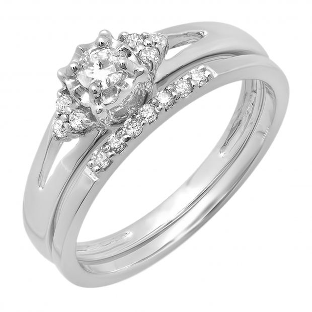 0.30 Carat (ctw) 10k White Gold Round Diamond Ladies Split Shank Bridal Engagement Ring Set With Matching Band 1/3 CT