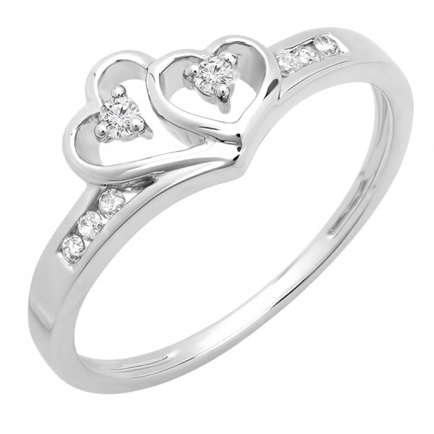 0.12 Carat (ctw) 10k White Gold Round Diamond Ladies Bridal Promise Double Heart Engagement Ring