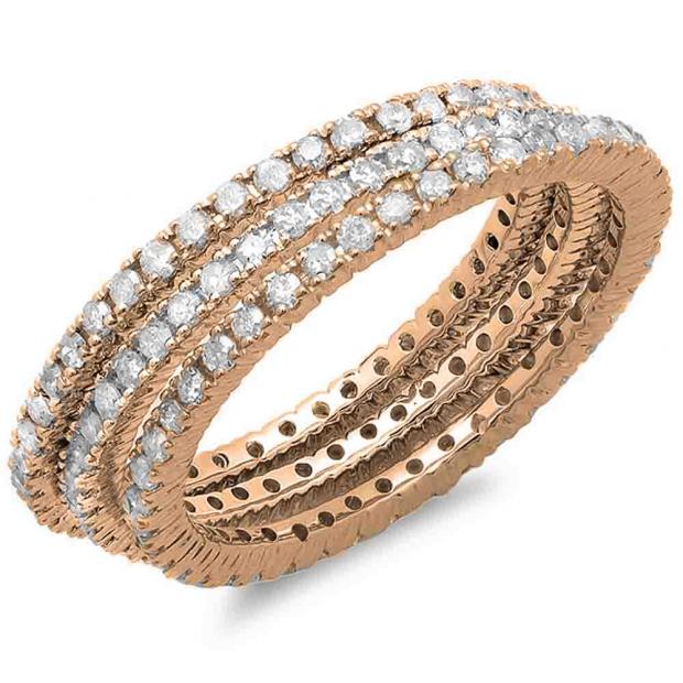 14K Rose Gold Round White Diamond Ladies 3 Tone Eternity Wedding Anniversary Stackable Band 3 Pcs. Ring Set